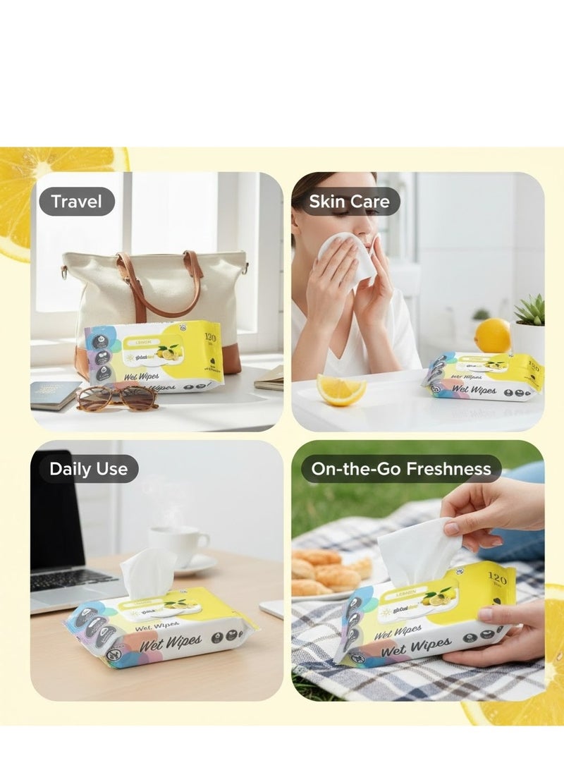 Globalstar Lemon Wet Wipes – 120pcs x 3, Alcohol-Free Moist Towelettes for Gentle Skin Care - Image 2